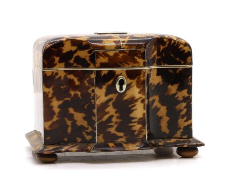 A Victorian tortoiseshell and ivory tea caddy.  of shaped rectangular form, with an initialed plaque 'EE', with a velvet line