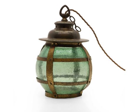 An Arts and Crafts copper and green glass lantern, c.1900, with riveted cage holding glass globe, 32cm highCondition ReportPA