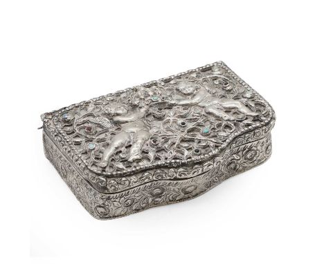 A silver snuff box, late 18th to early 19th century, Continental, the cover with two putti holding a crown amongst pierced fl