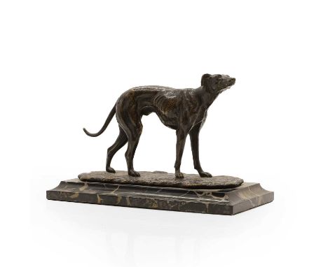 A bronze of a greyhound,  c.1900, well cast, unsigned, on a marble plinth,  21.5cm wide  10.5cm deep 13cm highProvenance: The