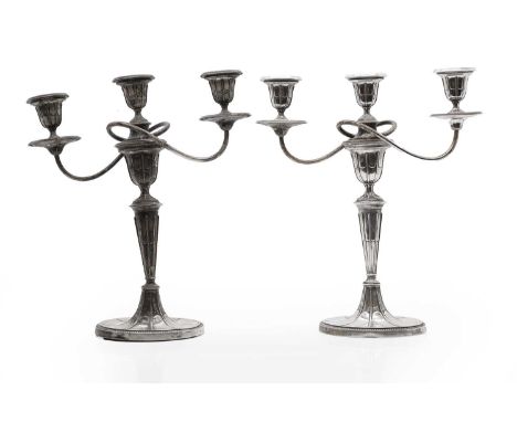 A pair of silver three branch candelabra, by Barker Bros., Birmingham, 1905, each with detachable tops with wrythen arms, rai