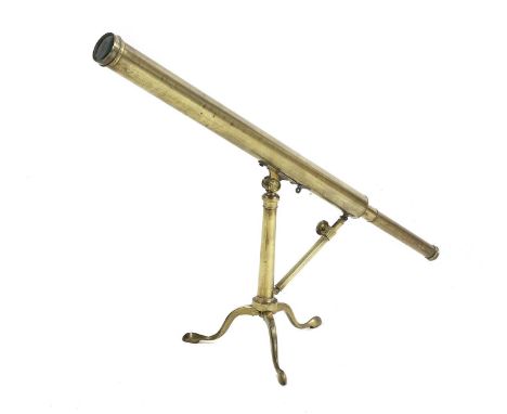 A brass telescope by Bithray, 19th century, signed 'Bithray Royal Exchange, London', on a folding tripod stand,94cm long34cm 