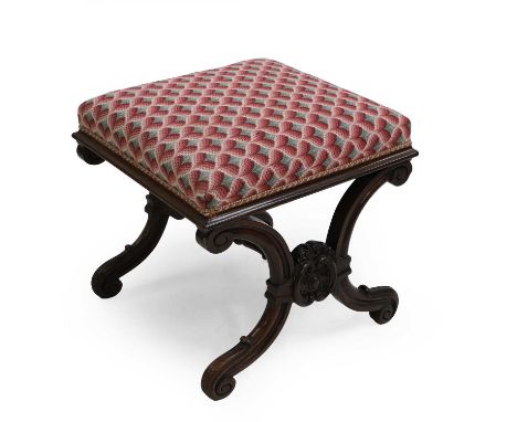 A mahogany 'X' frame stool, upholstered in a geometric patterned wool 43cm wide44cm deep43cm highCondition Report2nd quarter 