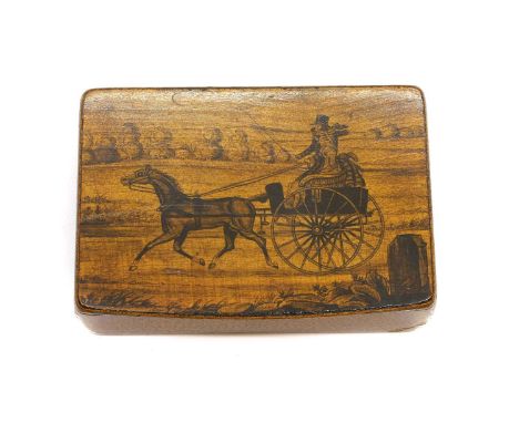 A sycamore snuff box, 19th century, transfer printed with a horse and trap, the side sand base with a vermiculated ground,8cm