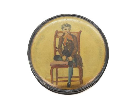 A papier mâché snuff box,  19th century, transfer printed and painted 'Master Burke / Mr Terence O'Leary',  9cm diameterMaste
