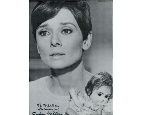 Audrey Hepburn signed 12x8 black and white magazine photo dedicated and vintage unsigned magazine booklet. Dedicated. Good co