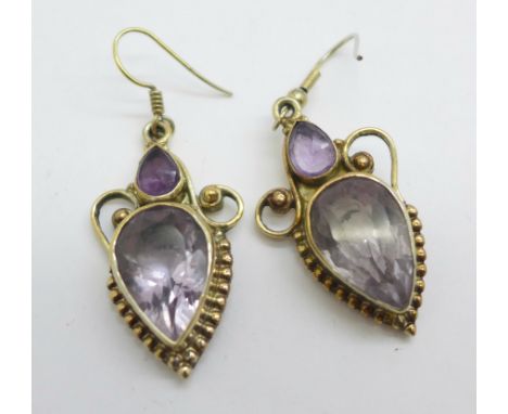 A pair of silver gilt and amethyst earrings 