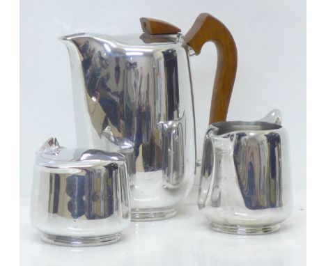 A three piece polished alloy tea service, Piquot ware and Newmaid 