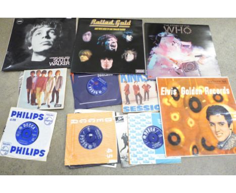 A collection of LP records and 7" single records including The Rolling Stones, The Beatles, The Who and one Scott Walker (4 L