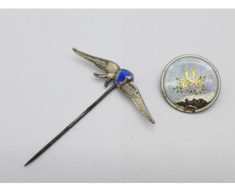 A Charles Horner silver and enamelled hat pin, Chester 1911, and a silver and enamelled brooch, Birmingham 1913, (enamel on b