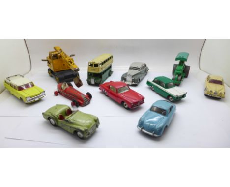 Eleven die-cast model vehicles, ten Dinky Toys and one Corgi Toys 