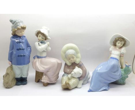 Four Nao by Lladro figurines, 'Listening to the Birds Song' (Nao ref. 02001042), 'A Big Hug' (Nao ref. 02001049), 'Eskimo Pla
