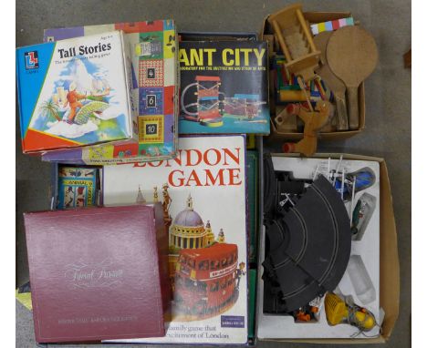 A large collection of mainly vintage board games and a Scalextric racing game, lacking lid, and building bricks, etc. **PLEAS