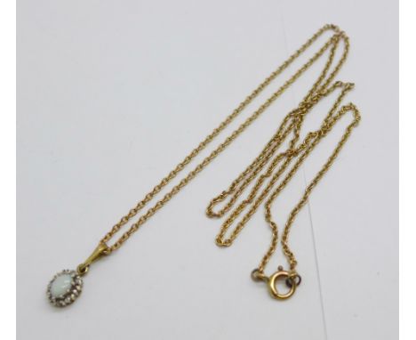 A 9ct gold, opal and diamond pendant with chain 