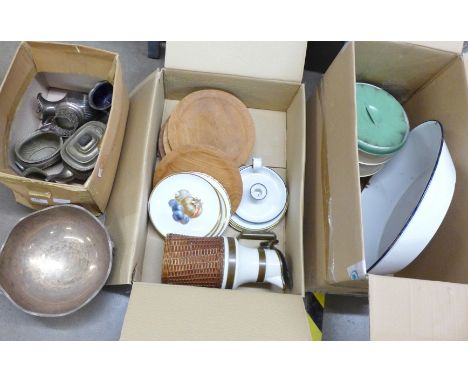 An enamel bowl, a set of cake tins, chamber stick, a box of EPNS, plates, a coffee pot and wooden steak plates **PLEASE NOTE 