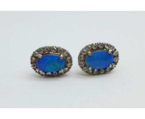 A pair of Victorian doublet black opal and paste earrings, one opal chipped 