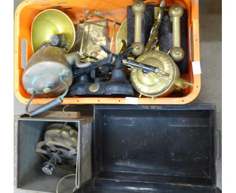 Brass and copper and other metalwares, a copper kettle, fire dogs, kitchen scales, etc. **PLEASE NOTE THIS LOT IS NOT ELIGIBL