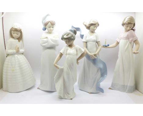 One Lladro and four Nao by Lladro figurines, 'It's Morning Already' (Lladro ref. 6483), 'How Pretty' (Nao ref. 02012038), 'Ki