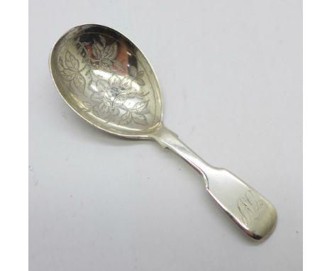 A Georg IV silver caddy spoon with later decoration, London 1825, John, Henry and Charles Lias 
