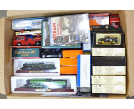A box of Lledo. Corgi, Matchbox and other model vehicles including Esso Car Transporter, Road Tanker, Matchbox Simon Snorkel,