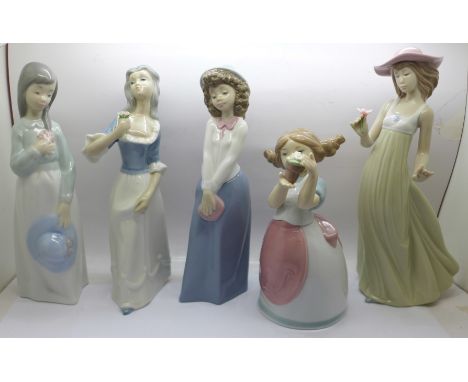 Four Nao by Lladro figurines and a Tengra figurine of a young lady holding a rose, 'Gentle Breeze' (Nao ref. 02001158), 'Beck