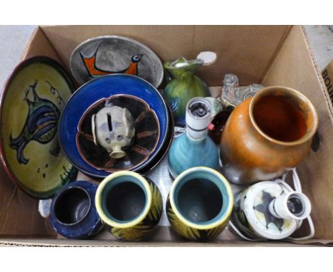 Art pottery, A pair of Hungarian vases, Newlyn plate, etc. 