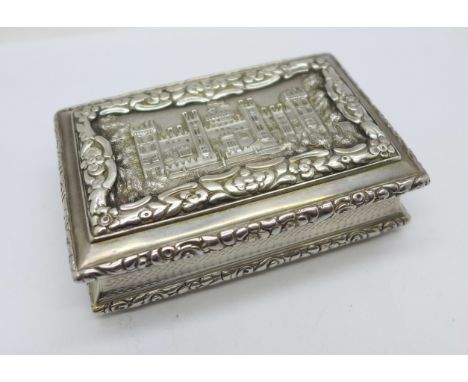 A William IV silver castle top table snuff box depicting Windsor Castle by Nathaniel Mills, Birmingham 1836, 136g, width 79mm