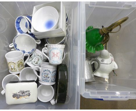 Two boxes of mixed items including a Denby set of six regional themed mugs, mixed china, table lamp with green glass shade, M