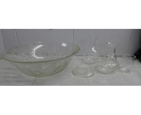 A cut glass bowl, vases, lidded jar, etc. **PLEASE NOTE THIS LOT IS NOT ELIGIBLE FOR POSTING AND PACKING** 