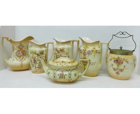 Crown Devon Fieldings jugs, teapot and biscuit barrel 