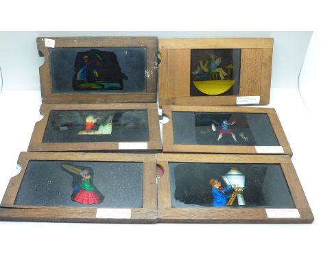 Six Victorian magic lantern slip-slides, hand painted and transfer printed 