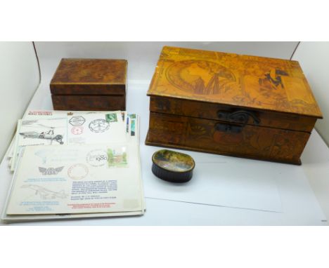 A Georgian snuff box, other boxes and first day covers 