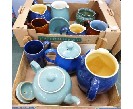 A collection of Denby blue, green and brown jugs and a teapot, some a/f, (two boxes) 