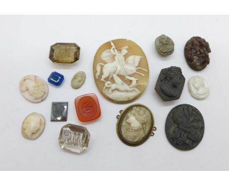 Twelve assorted cameos and intaglios, two cameo buttons and one other carved item 