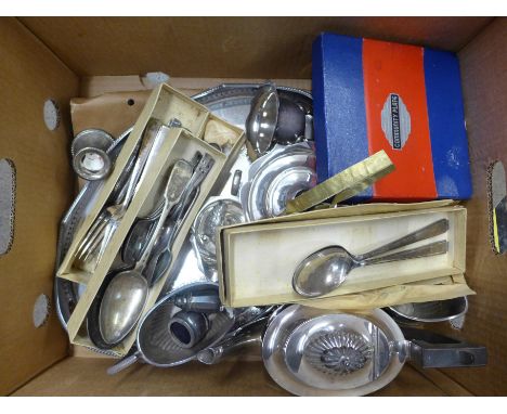 A box of community plate cutlery, other plated cutlery, tray, tea service, etc. **PLEASE NOTE THIS LOT IS NOT ELIGIBLE FOR PO