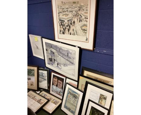 Quantity of pictures and prints and cartoons, all cleared from the famous chefs Roux brothers, La Gavroche to include a penci