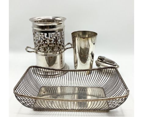 Quantity of white metal and silver plated items to include a wine bottle holder, a pierced basket, large beaker and a table l