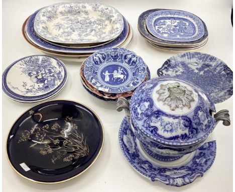 Quantity of Blue and White China and meat platters  and a Copeland Spode Soup Tureen and lid, restored 