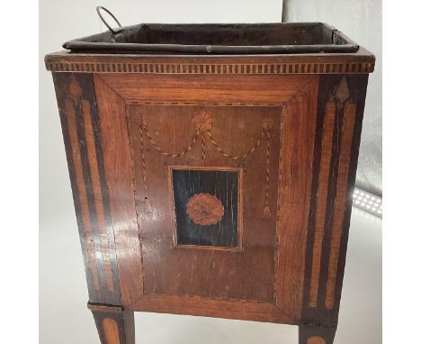 A mahogany inlaid Edwardian planter with inset metal liner on square tapered legs, 80cmH (AS FOUND) 