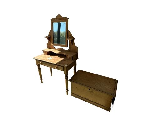 A pine dressing table with swing mirror and shelf over, 93cm W; and a small pine trunk 83cm L x 39cm H, with key, some wear t