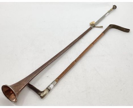 Hunting whip, and a copper coaching horn, stamped  H.Keats &amp; Sons, London 