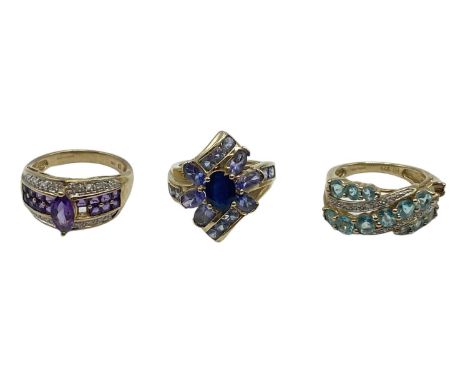 Three 9ct gold gem set dress rings (size K/K/L) 11.08 g 