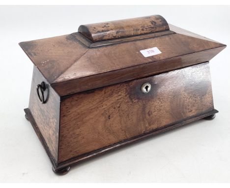 A mahogany sarcophagus tea caddy, fitted interior, missing glass bowl, 36cmW 