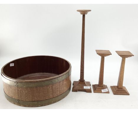 Three oak hat stands, and oak barrel planter 