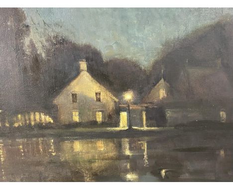 COSMO CLARKE, C20th oil on canvas, "Night Reflections, Signed and dated 1961 lower right, old label verso, in light carved wo