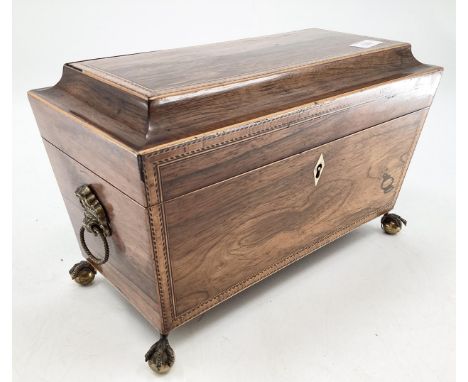 Mahogany string inlaid sarcophagus tea caddy with ball and claw feet and fitted interior 