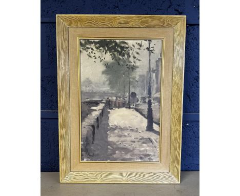Oil on canvas, snow street scene with lamp posts, signed indistinctly lower left, 60cm x 39cm in light wooden frame 
