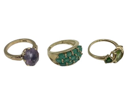3 x 9 ct gold and gem set rings sizes J/K/L 9.9 g 