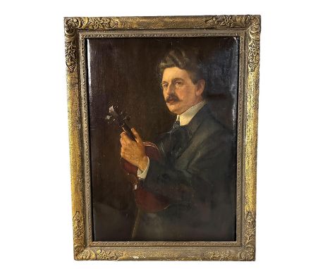 A C19th oil on canvas, seated portrait of a gentleman and his violin, 75cm x 55cm wide, in gilt frame 