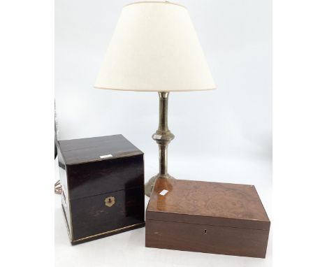 A coromandel and brass four section decanter box in burr walnut humidor 24.5 cm width, 25 cm depth, 26.5 cm high and a brass 